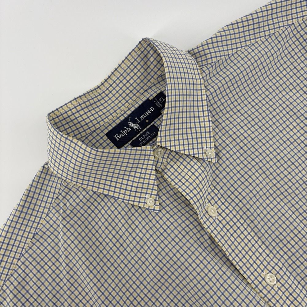 Polo Ralph Lauren Large Blake Men Shirt XL Cotton Yellow Blue Check Cotton Logo